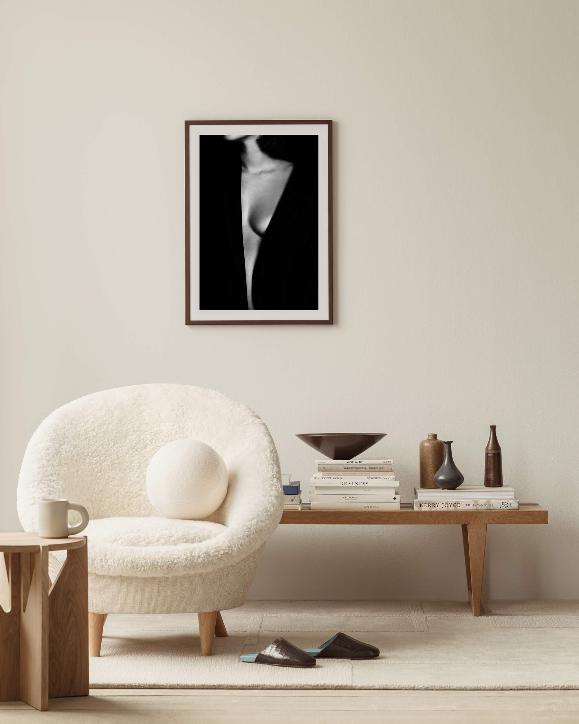 Black and white fashion wall art with oak details and nordic ceramics